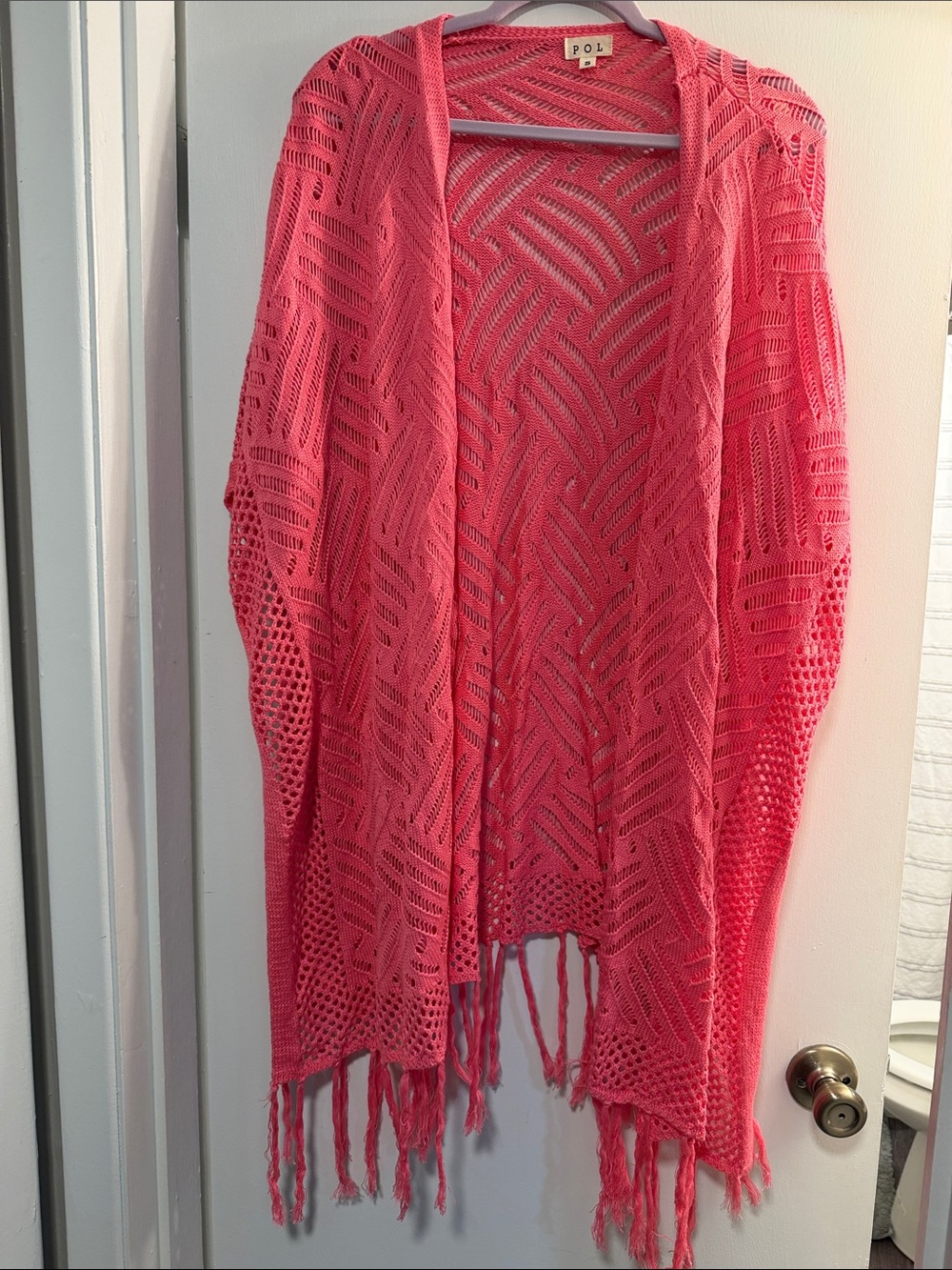 POL Coral Open-Weave Fringe Cardigan
